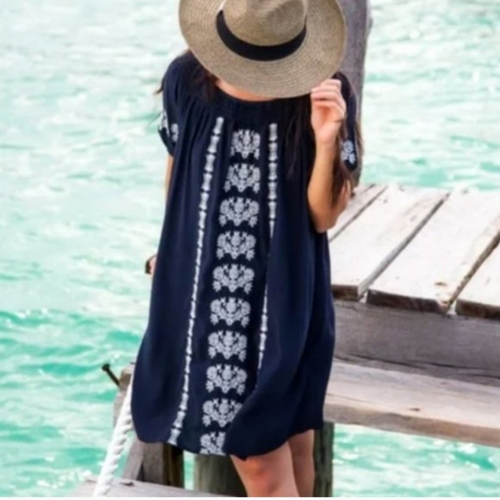 Ann Taylor Loft La Bonita Off the Shoulder Embroidered Peasant Dress in Navy